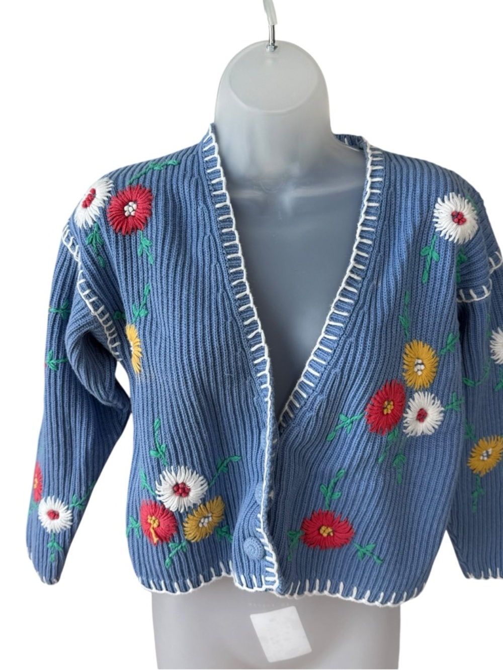 Retro Jeffrey Halper Blue Floral knit Embroidered V-Neck Sweater Cardigan small